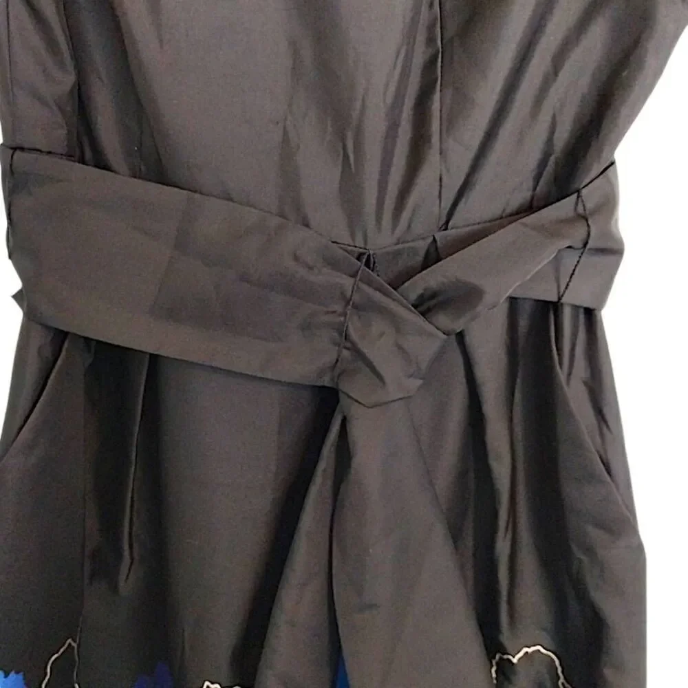 ALEX Womens Dress Sz‎ 6 Evenings Black Blue Floral Sheath Cap Sleeves Taffeta